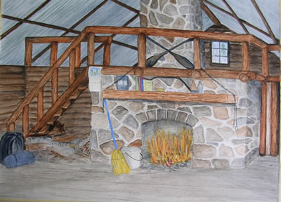 The fireplace and loft in the Old Woman Lake Lodge